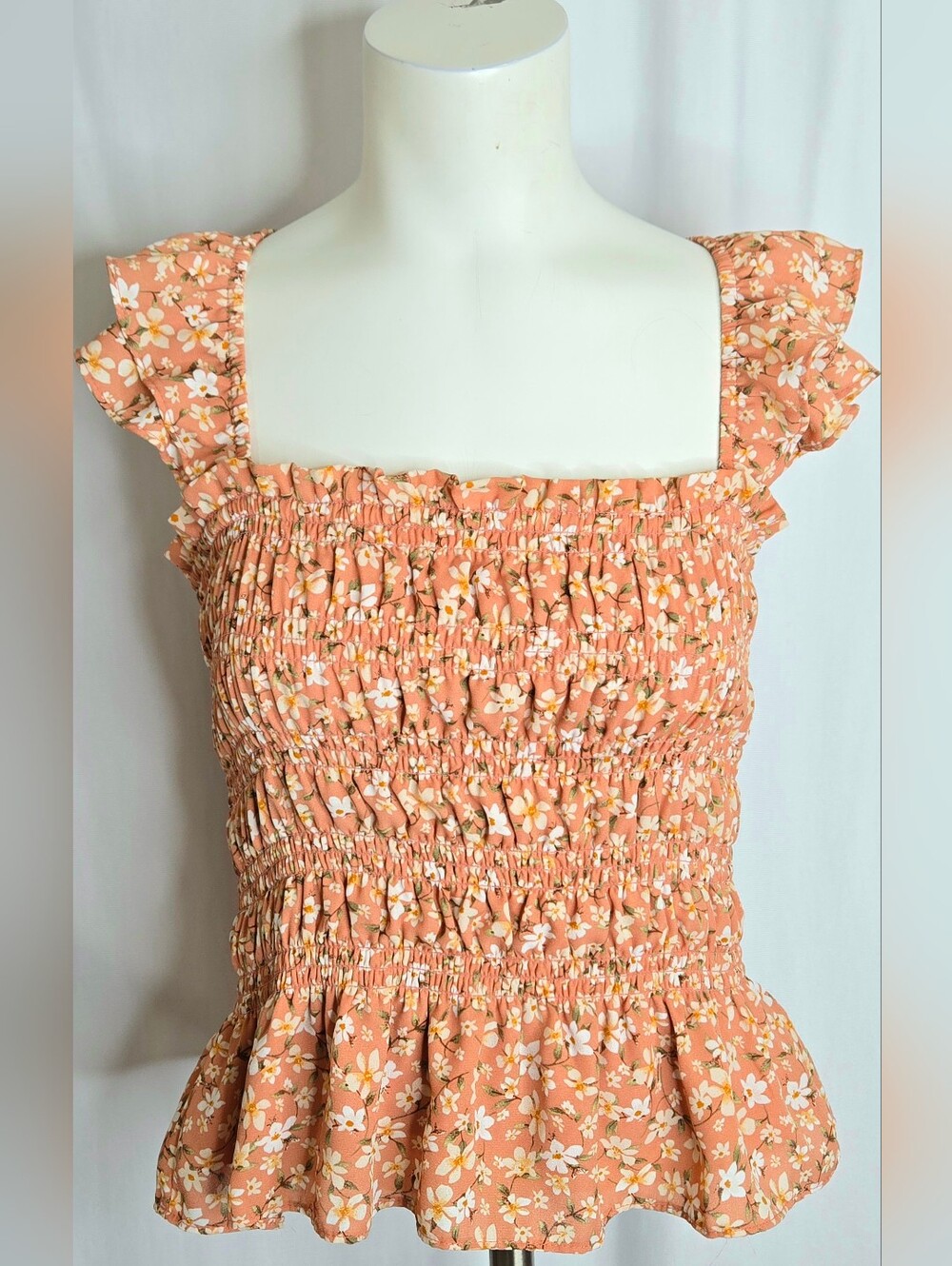 Moa Moa Dusty Rose Ditsy Floral Smocked Peplum Flutter Sleeve Boho Top L NWOT